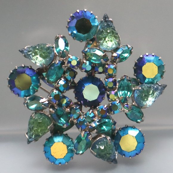 Juliana Lava Rhinestone Brooch Earrings Peacock Blue Givre - Picture 3 of 9